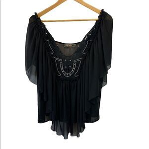 LOVE STITCH Black Flowy Embellished Deep Ab Flutter Sleeve Loose Fit Top S